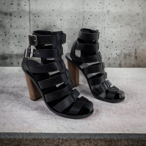 Vince Sandals Caged Strappy Nicolette Womens 8M 38 Black Leather Block High Heel - Picture 15 of 16